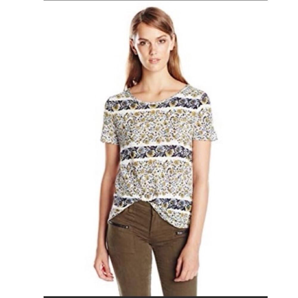 Lucky Brand yellow/blue floral linen blend top